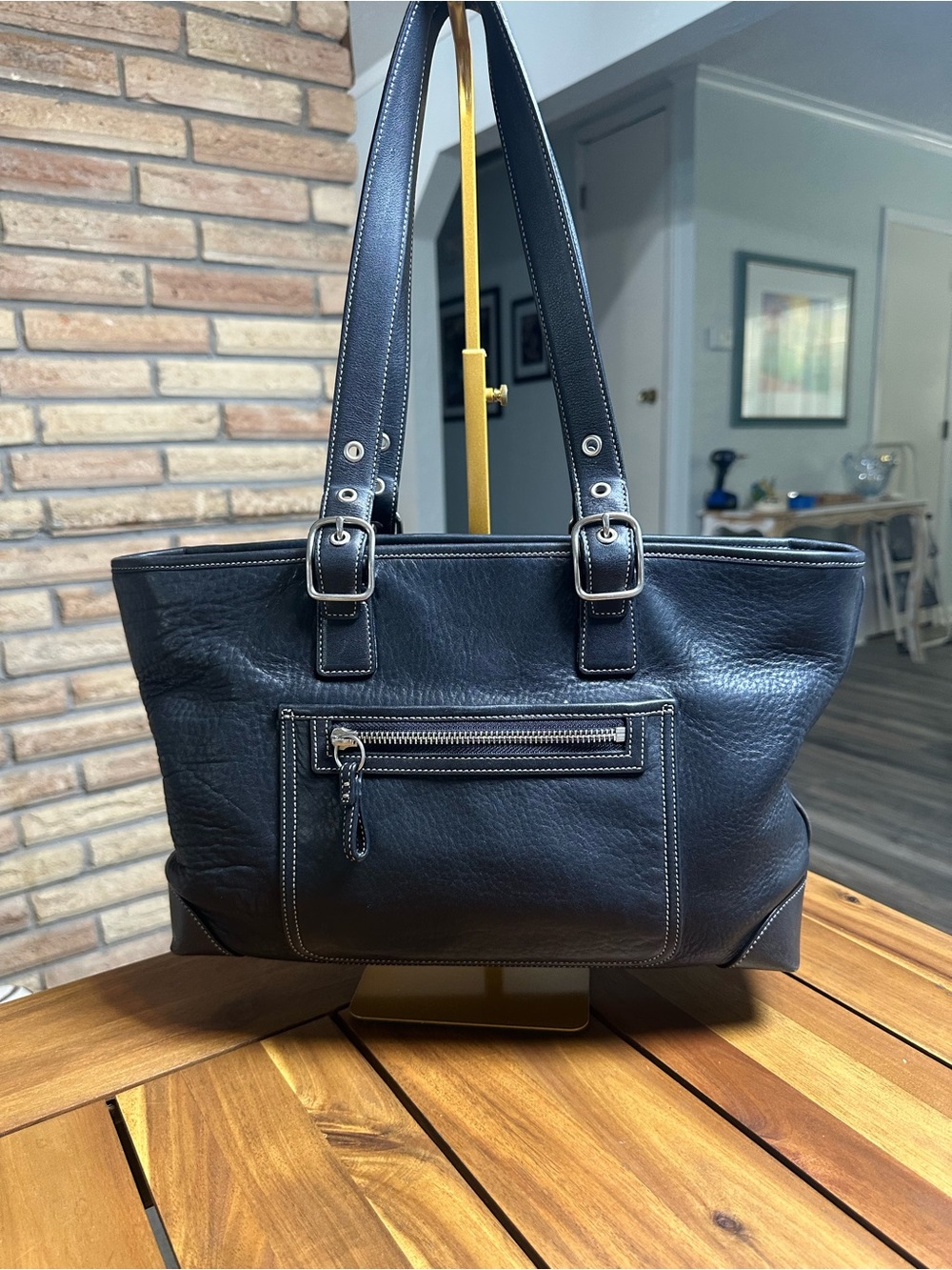Vintage Coach Black Leather Hampton Tote with Front Zip Pocket